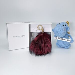 Michael Kors Large Fox Fur Pom Pom In Mulberry Gold Hardware Keychain Box Charms